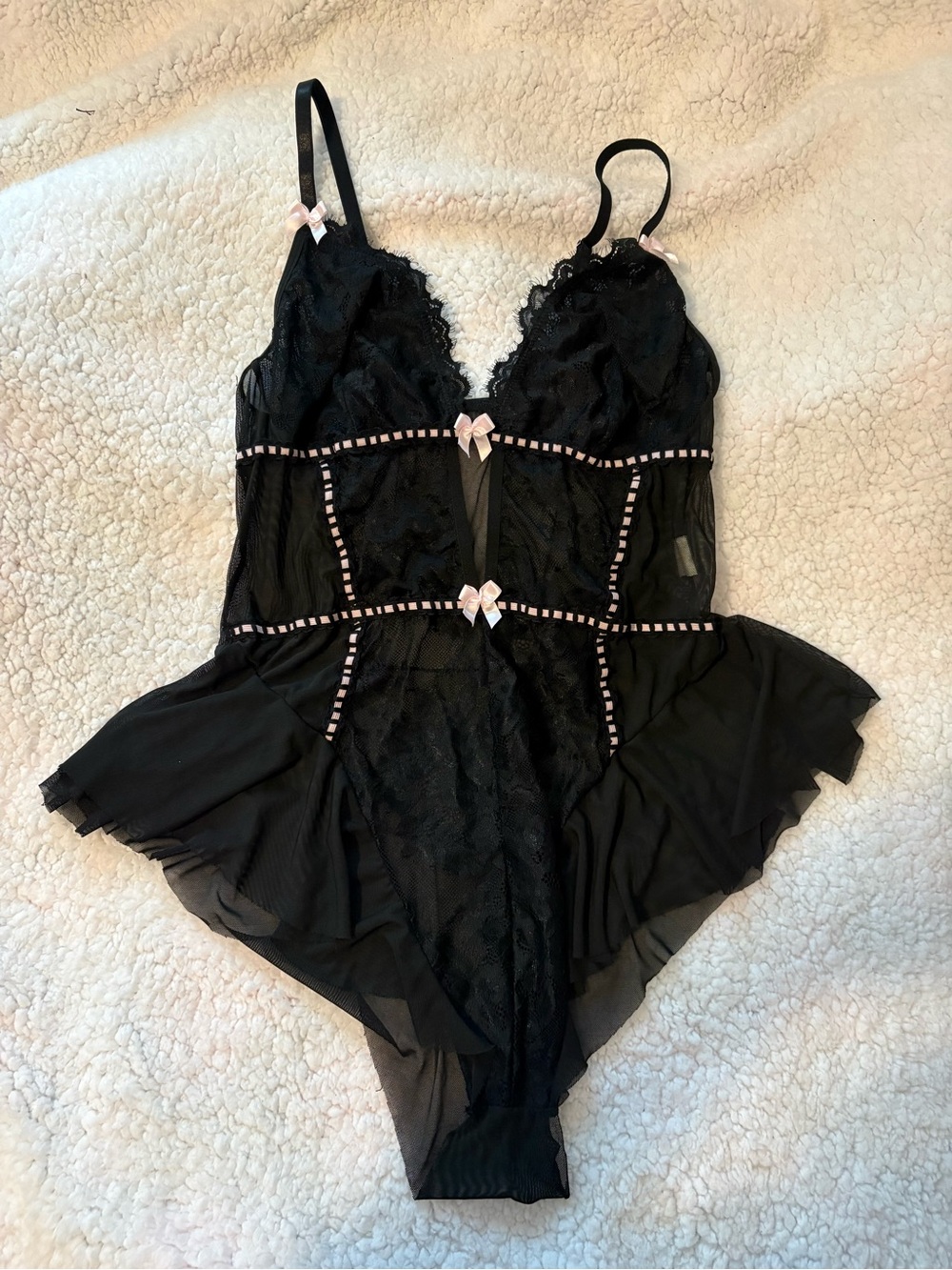 SHEIN Black Lace Teddy with Pink Bow Accents